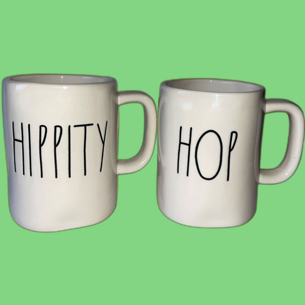 Rae Dunn Mugs "HIPPITY" & “HOP” White 16 Oz Coffee Tea Artisan Collection
